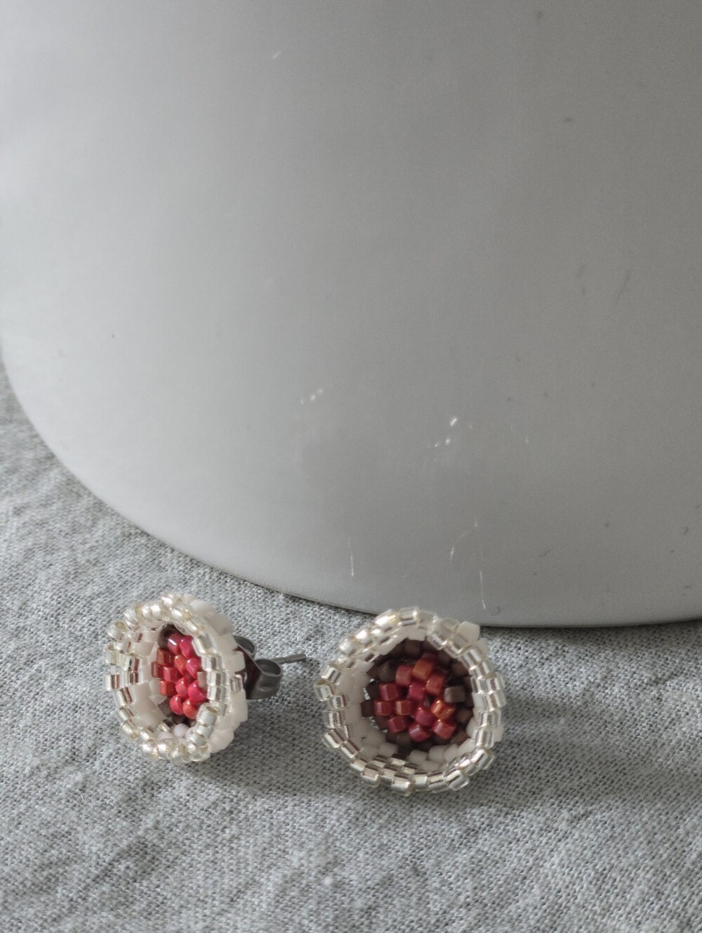 New Handmade Red Bead and Pearl-Trim Stud Earrings